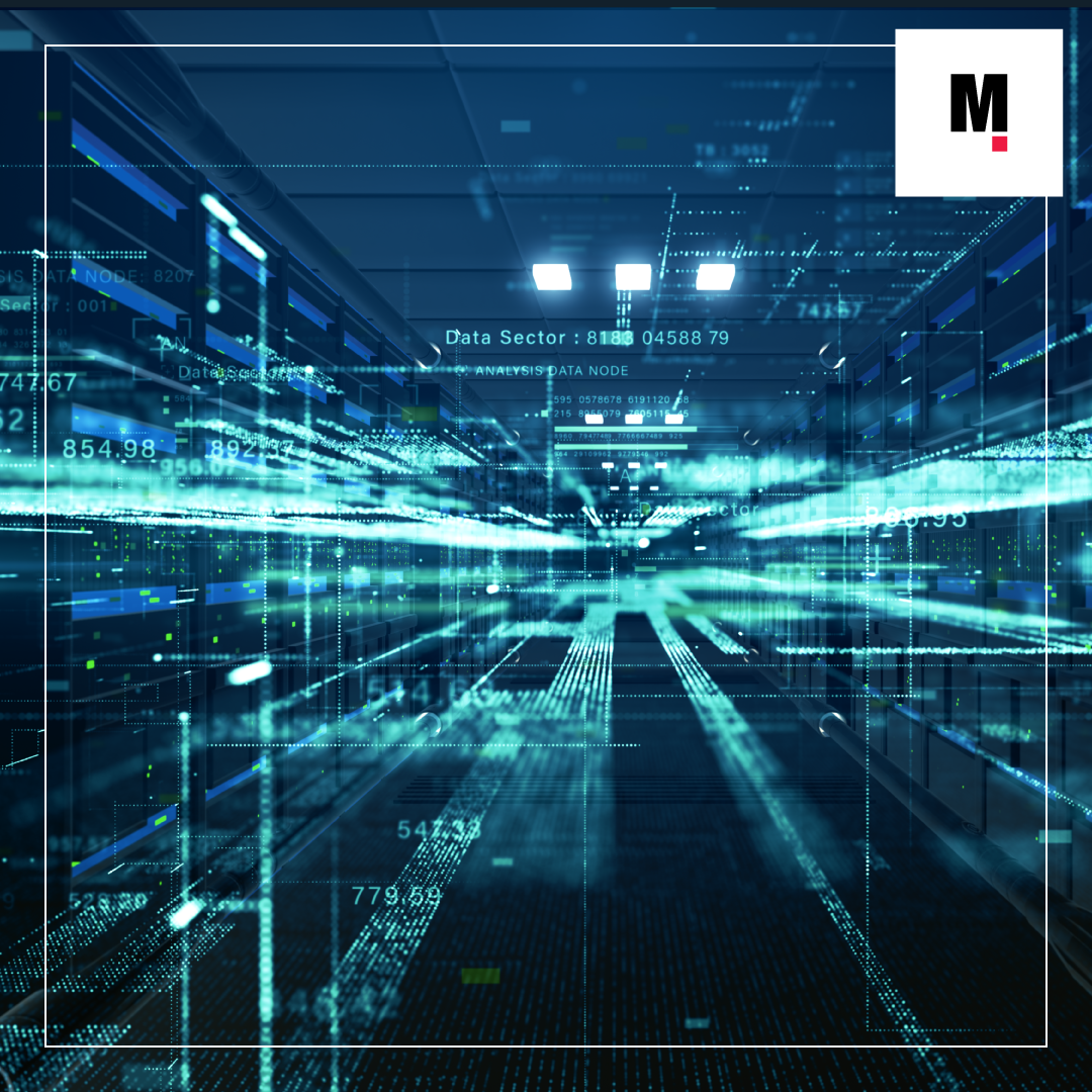AI-powered risk management, cybersecurity, and governance illustrated through a modern data center with digital data streams.